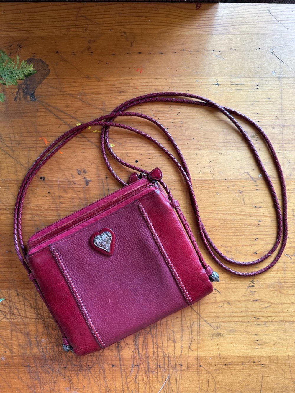 Brighton vintage deep red leather multi pocket crossbody bag w/woven strap/heart